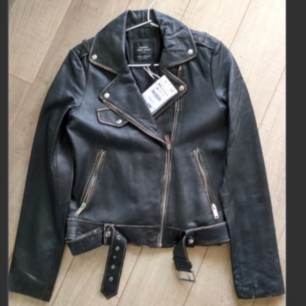 ISO. Zara distressed sheepskin biker jacket